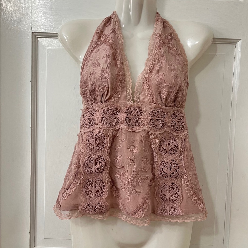 VTG Y2K Embroidered Silk Lace Bebe Halter Top XS Boho Romantic Fairy Victorian